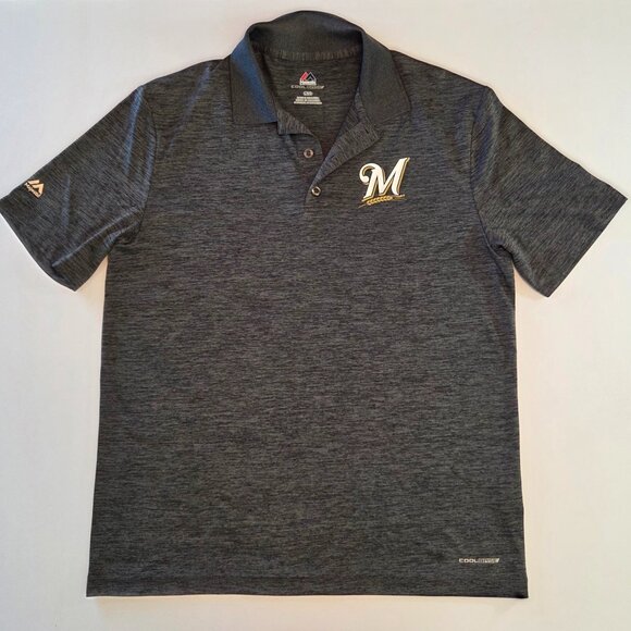 NWOT - Majestic Cool Base Milwaukee Brewers Polo, Men’s LG, Grey Heather - Picture 2 of 10